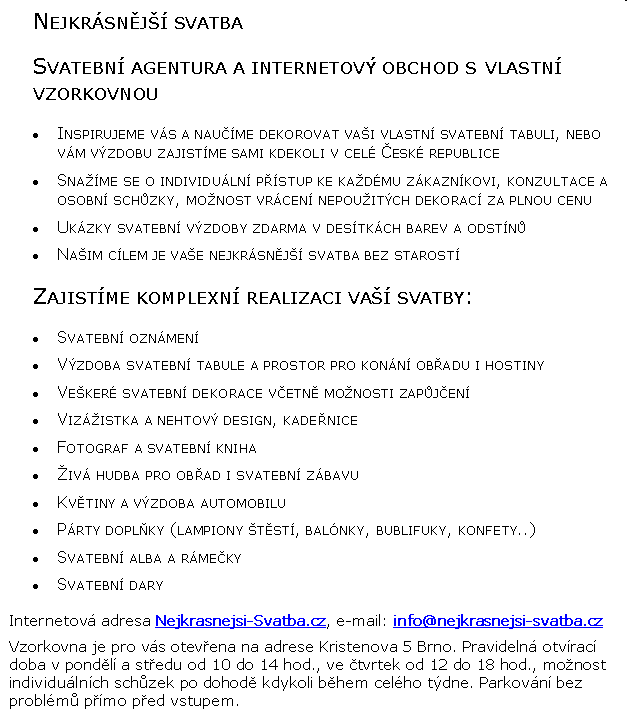 Svatební dekorace a doplňky, slavnostní výzdoba, svatební tabule, svatební e-shop Brno